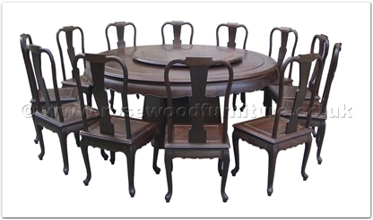 Rosewood Furniture Range  - ff18287bwdin - Blackwood round dining table curve style apron - 12 chairs - pedestal legs -42 inch lazy susan