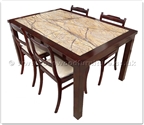 Chinese Furniture - ffff8011r -  Redwood marble top sq dining table - 4 fabric chairs - 59" x 39.5" x 30"
